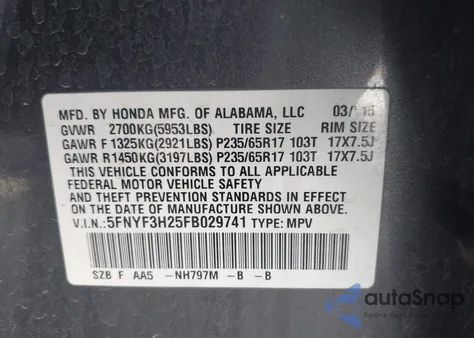 2015 Honda Pilot Lx from USA, damaged, VIN 5FNYF3H25FB029741
